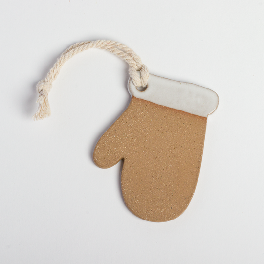 clay ornament shaped like Mitten, cotton string